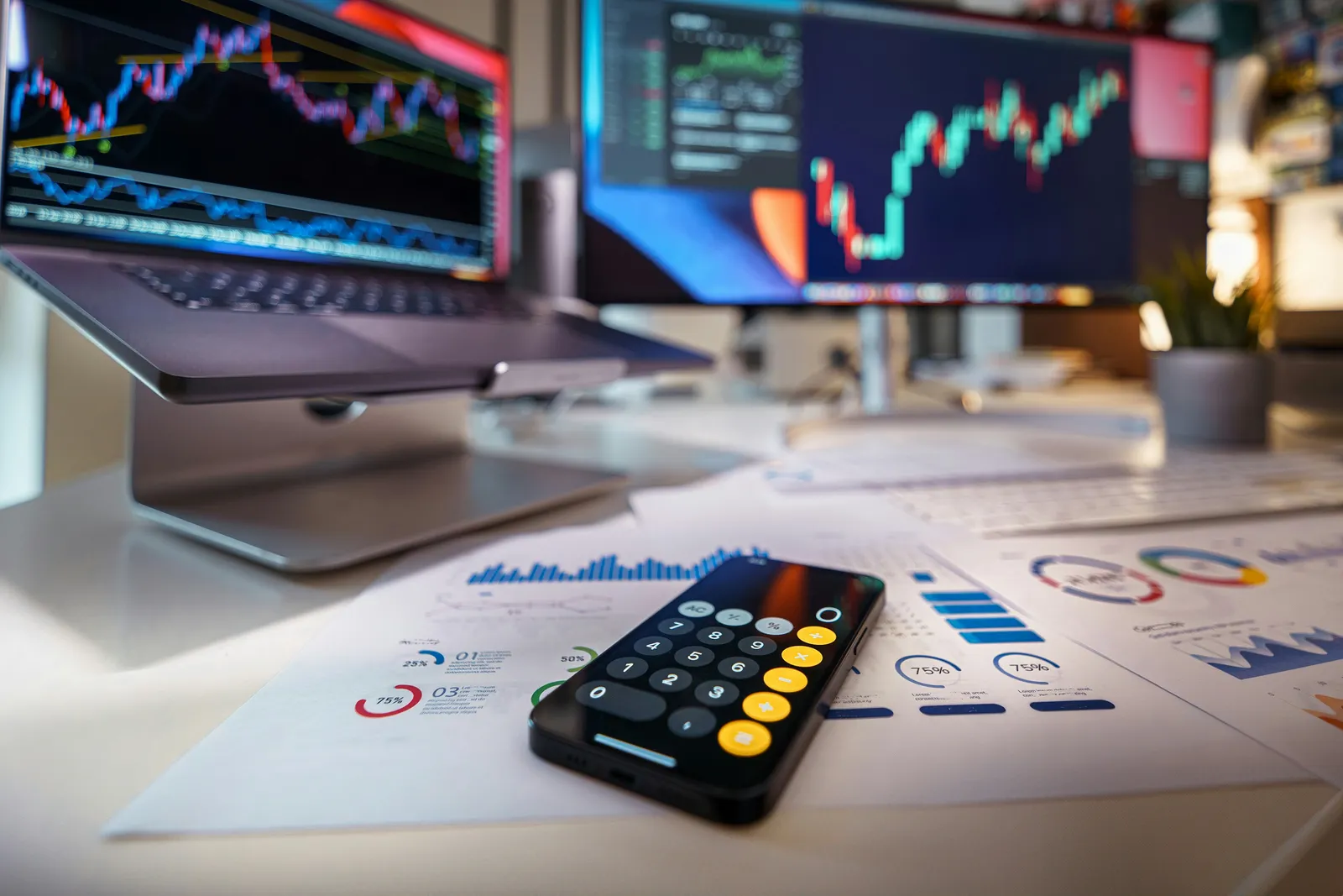Desk with a laptop and monitor showing stock price charts, and a phone calculator resting on printed financial reports