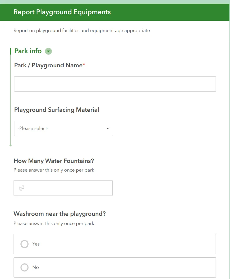 Survey123 form titled Report Playground Equipments with fields for park name, surfacing material, water fountains and washroom