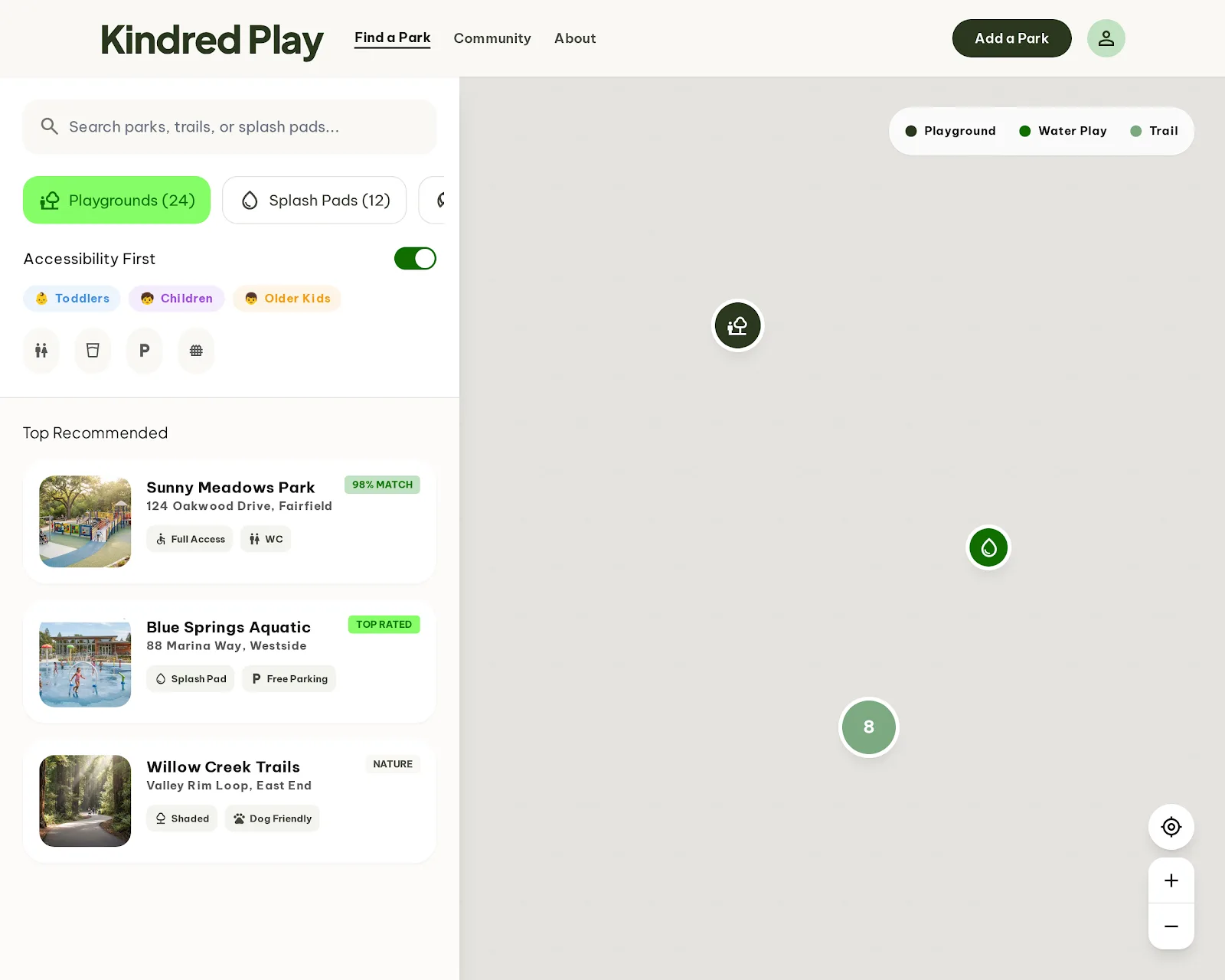 Map view with filters for playgrounds, splash pads and trails alongside recommended parks