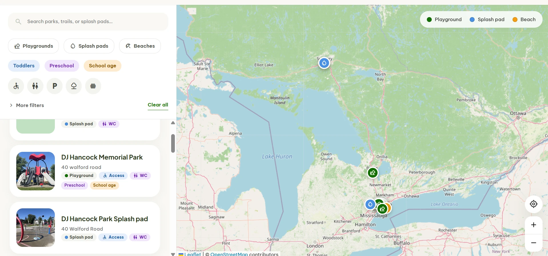 Playground Finder map of Ontario with search, filters for playgrounds, splash pads, beaches and age groups, and a list of nearby parks