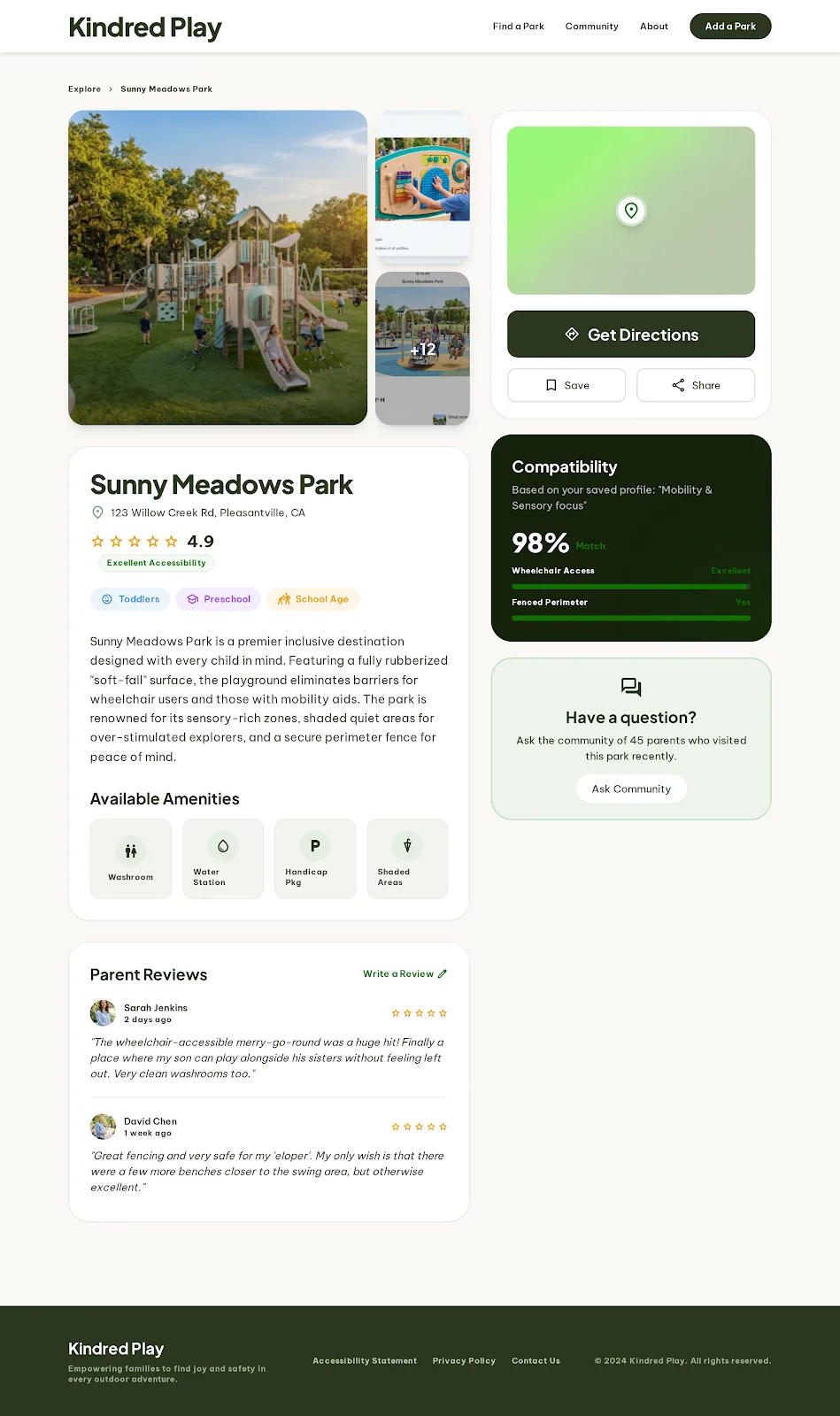 Park detail page showing amenities, accessibility rating and parent reviews