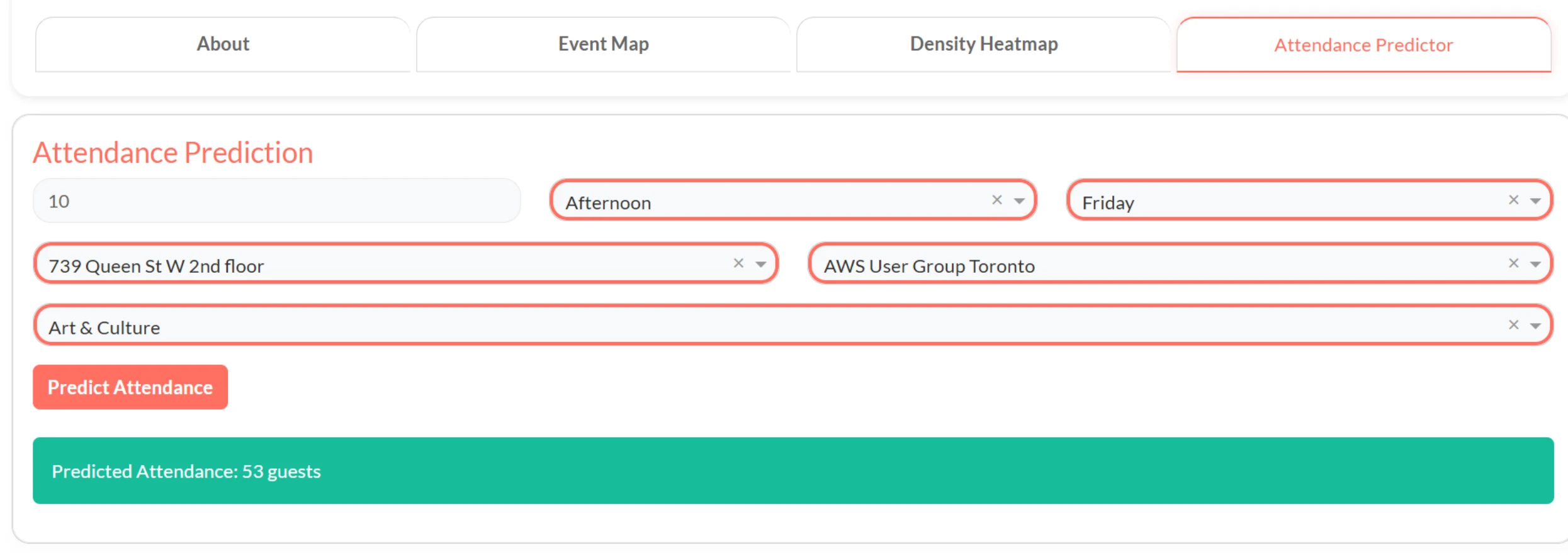 Attendance predictor form with inputs for group size, time of day, weekday, venue, organizer and category, and a predicted attendance result