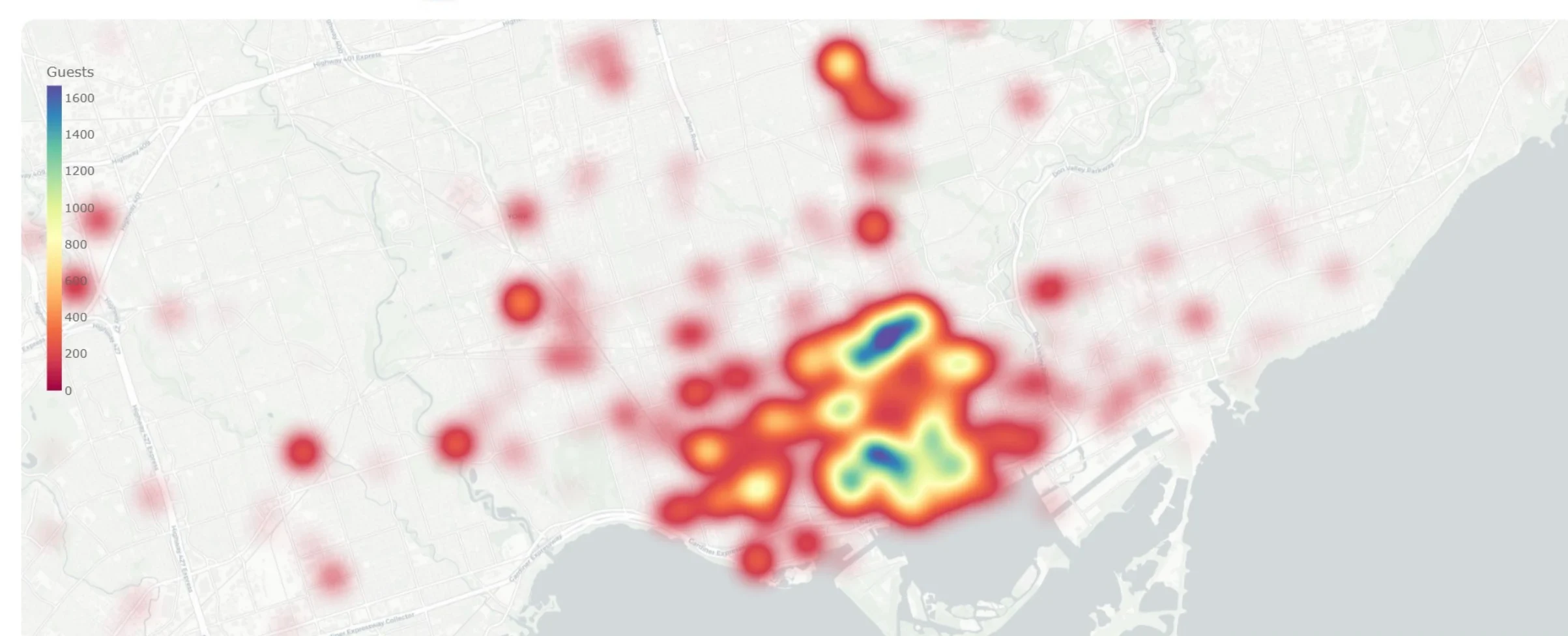 Heatmap of expected event attendance across the Greater Toronto Area, with the hottest zone over downtown Toronto