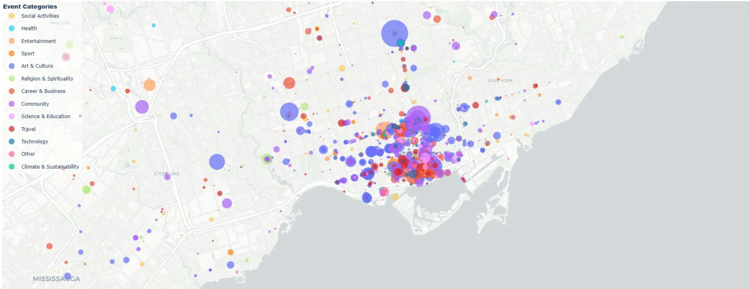 Map of the Greater Toronto Area with events plotted as circles, coloured by category and sized by expected attendance, densest over downtown Toronto